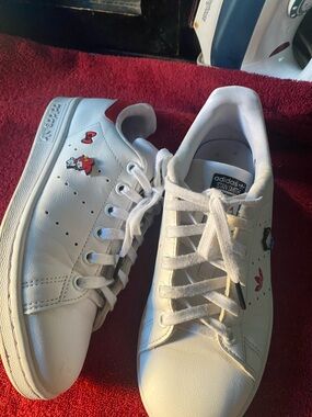 adidas White Leather Sneakers with Red Heel Tab and Character Accents